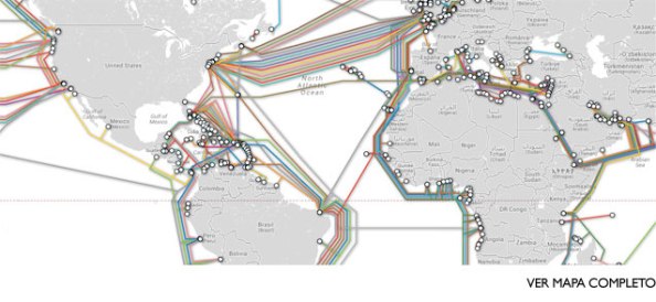 Mapa de las redes de cables de fibra óptica submarinos de TeleGeography. En 2012, el 86 % del ancho de banda del Internet latinoamericano discurría por ciudades de EEUU