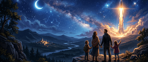 A family of four watching a rocket launch over a mountainous landscape at night under a starry sky