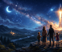 A family of four watching a rocket launch over a mountainous landscape at night under a starry sky